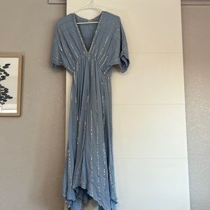Rayon blue dress with gold stripes